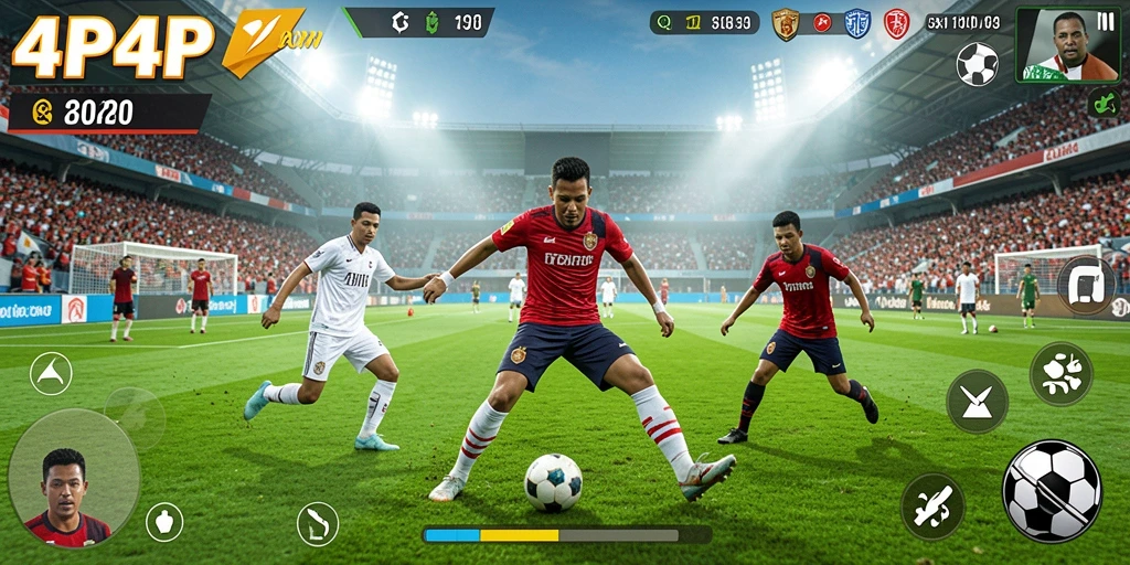 Tampilan gameplay seru di lapangan sepak bola dalam 4P4P.