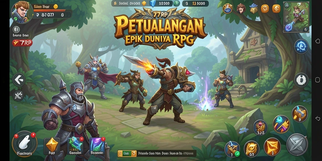 Screenshot gameplay 77RP menunjukkan pertempuran seru di dunia RPG yang menakjubkan.