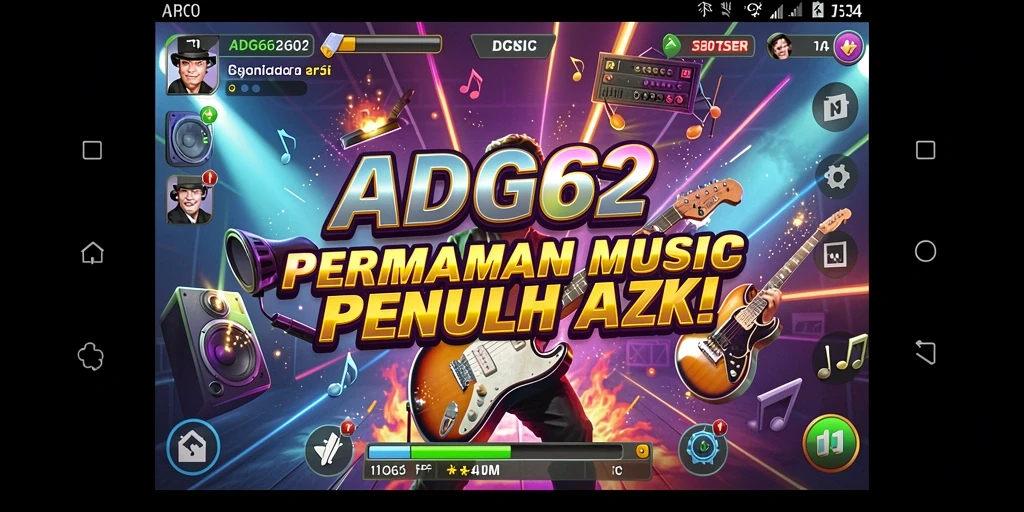 Tampilan gameplay ADG62 dengan berbagai pilihan lagu dan mode permainan.