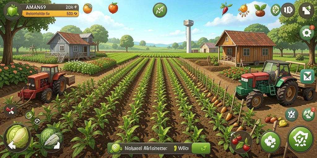 Tampilan gameplay AMAN69 dengan ladang pertanian yang subur.