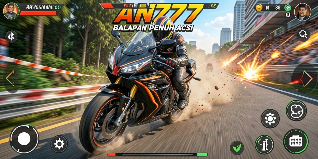 Screenshot gameplay AN777 menampilkan aksi balapan motor yang mendebarkan.