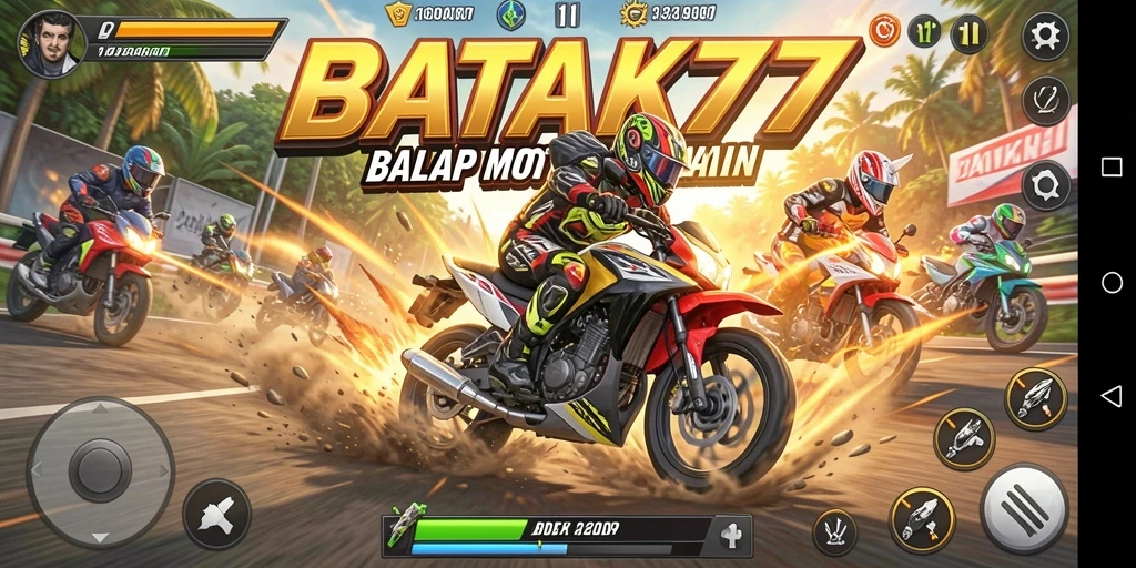 Tampilan gameplay BATIK77 yang seru dan penuh aksi balapan motor.