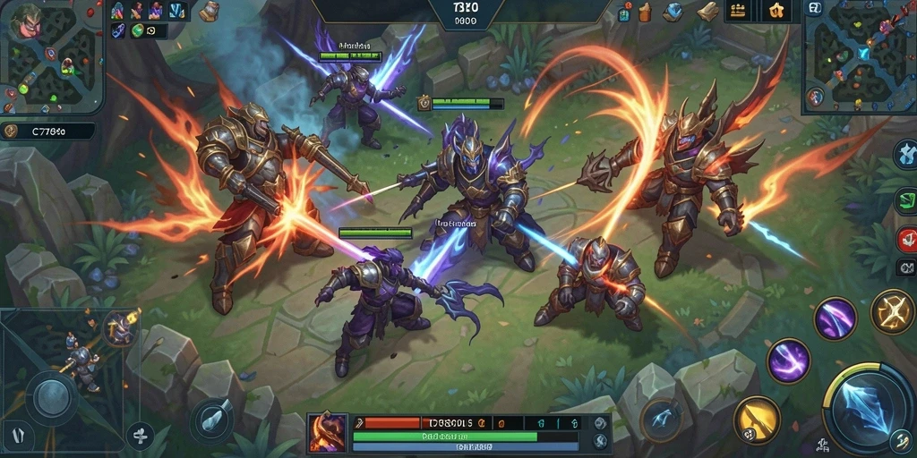 Screenshot C7890 menunjukkan aksi intens pertempuran tim dalam arena MOBA.