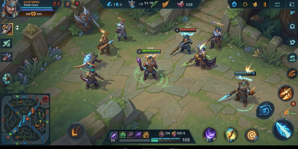 Screenshot gameplay GOWIN menampilkan pertarungan epik dan strategi tim.
