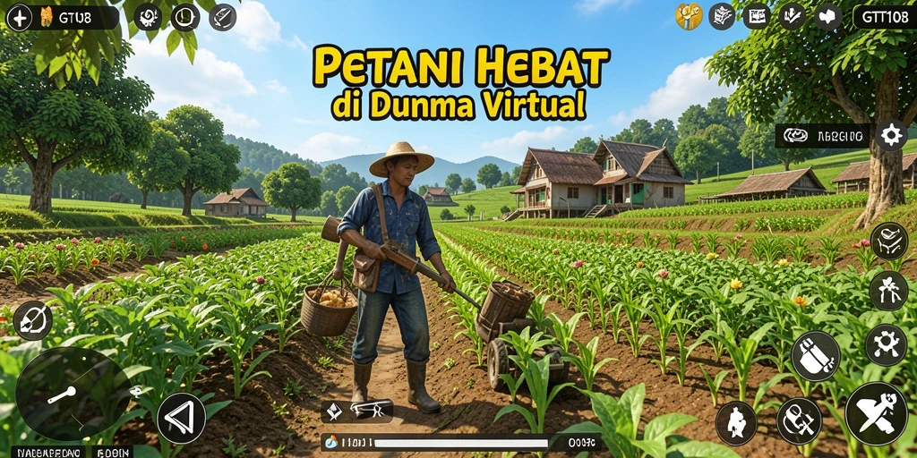 Screenshot gameplay GT108 menampilkan ladang pertanian yang hijau dan subur.