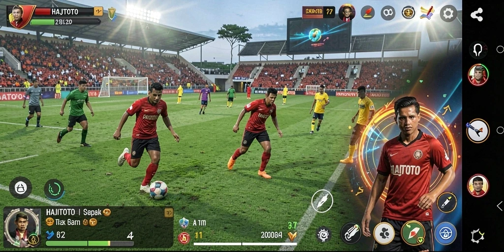 Tangkapan layar gameplay <strong>HAJITOTO</strong> menampilkan aksi pertandingan sepak bola yang mendebarkan.