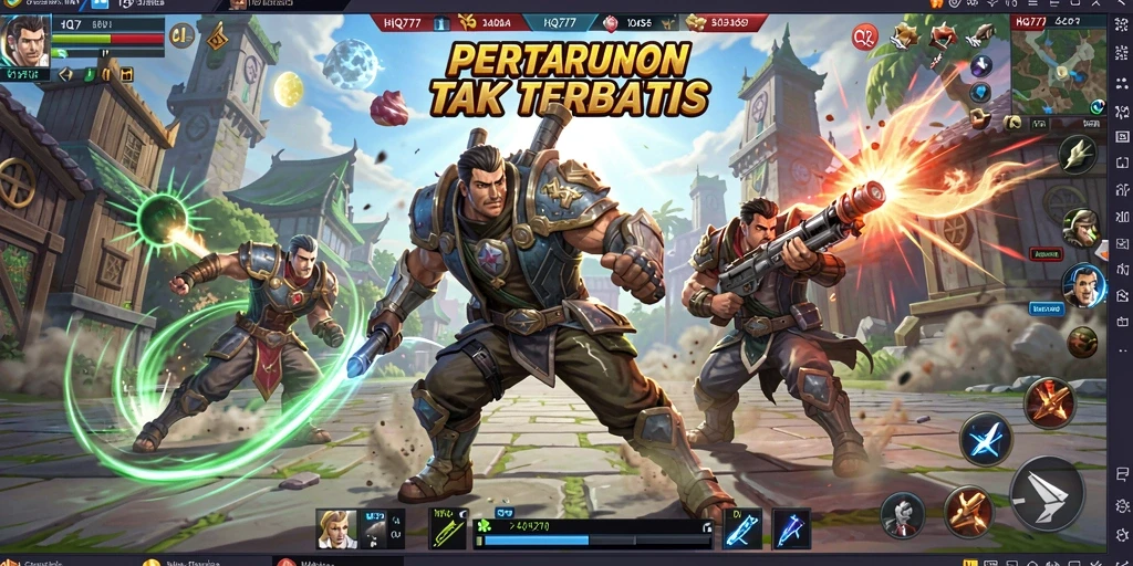 Tampilan gameplay seru dari HQ777 dalam pertarungan MOBA.