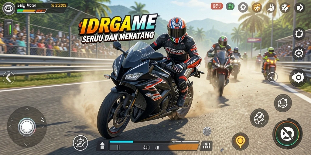Tampilan gameplay balapan motor yang intens dan penuh aksi.