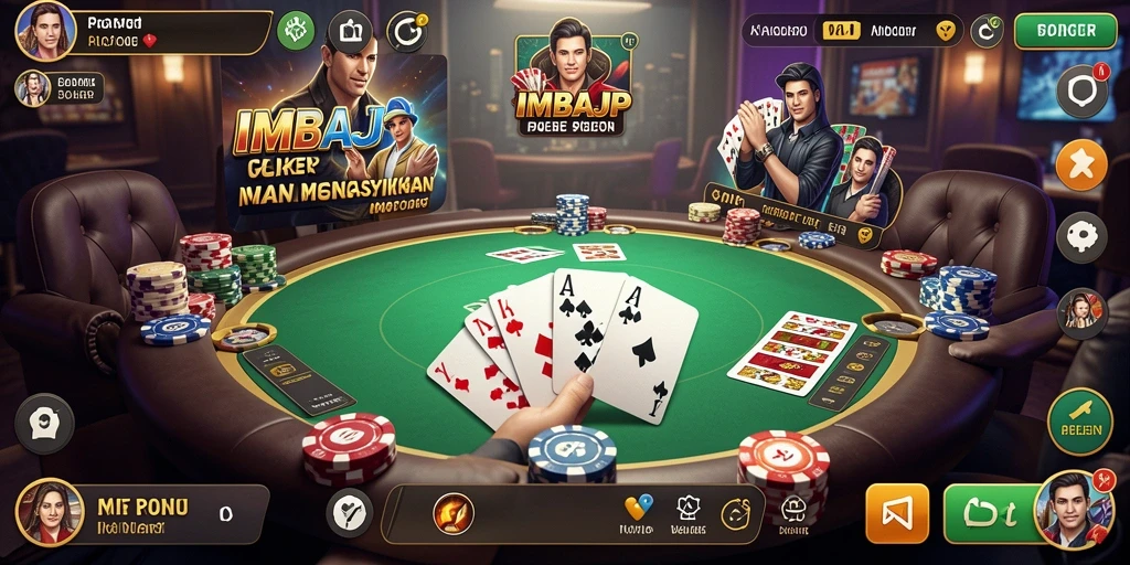 Tangkapan layar utama IMBAJP menampilkan gameplay poker yang seru.