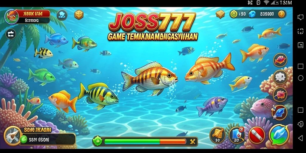Tampilan gameplay seru JOSS777 dengan ikan berwarna-warni.