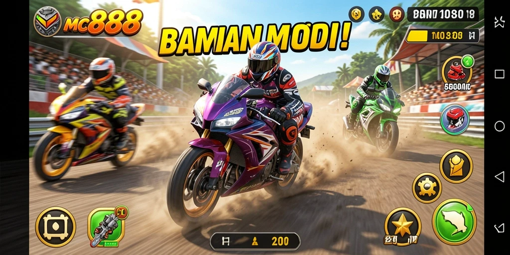 Tampilan gameplay menegangkan dari MC888 saat balapan motor.