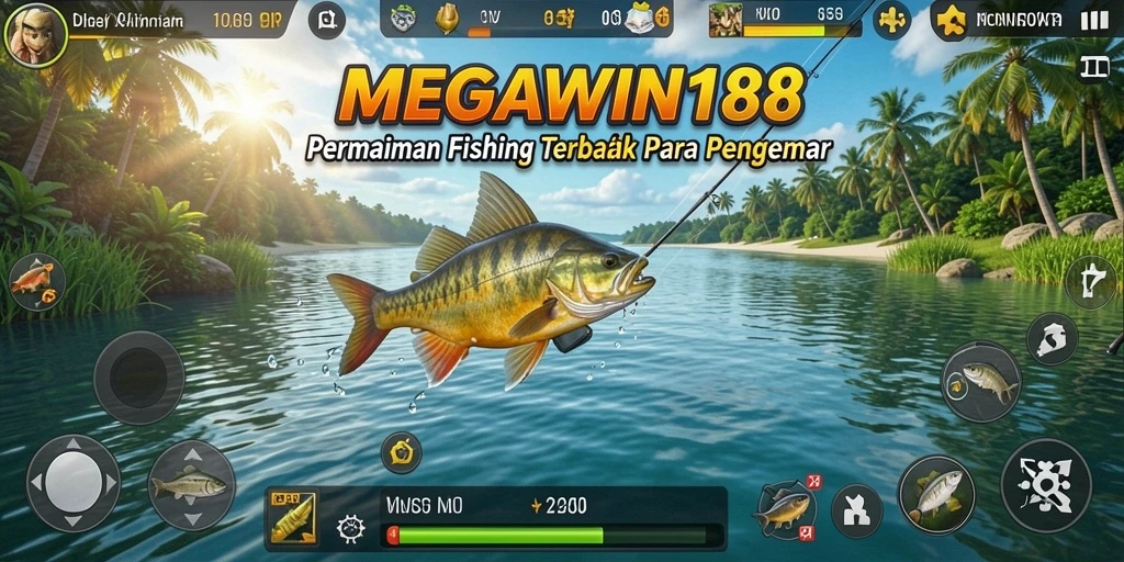 Tampilan gameplay seru dari MEGAWIN188 saat memancing di lautan.