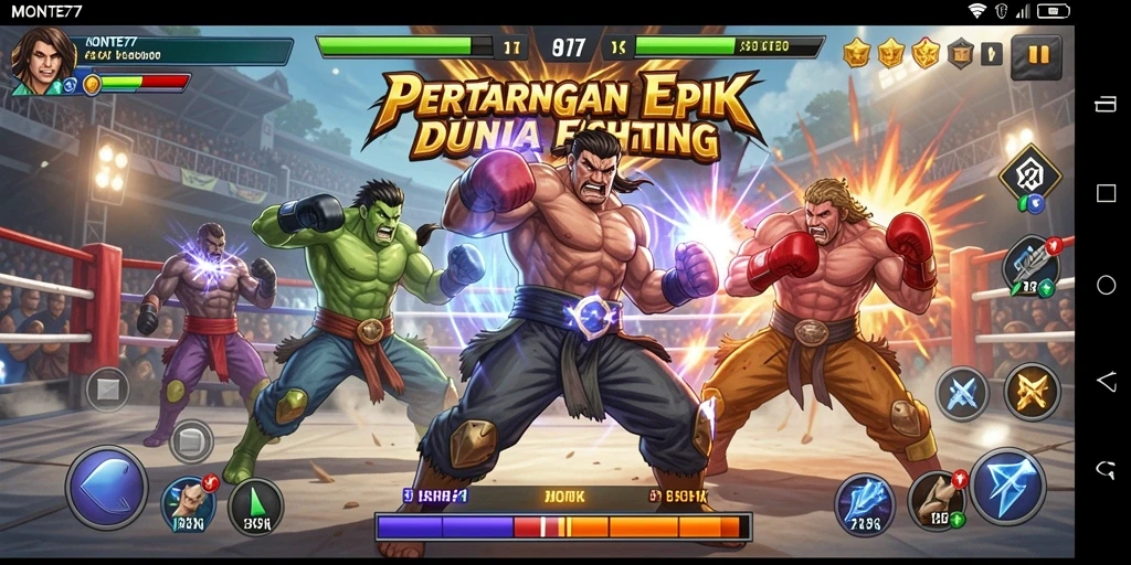 Tangkapan layar gameplay <strong>MONTE77</strong> menunjukkan pertarungan seru dan dinamis antara karakter.
