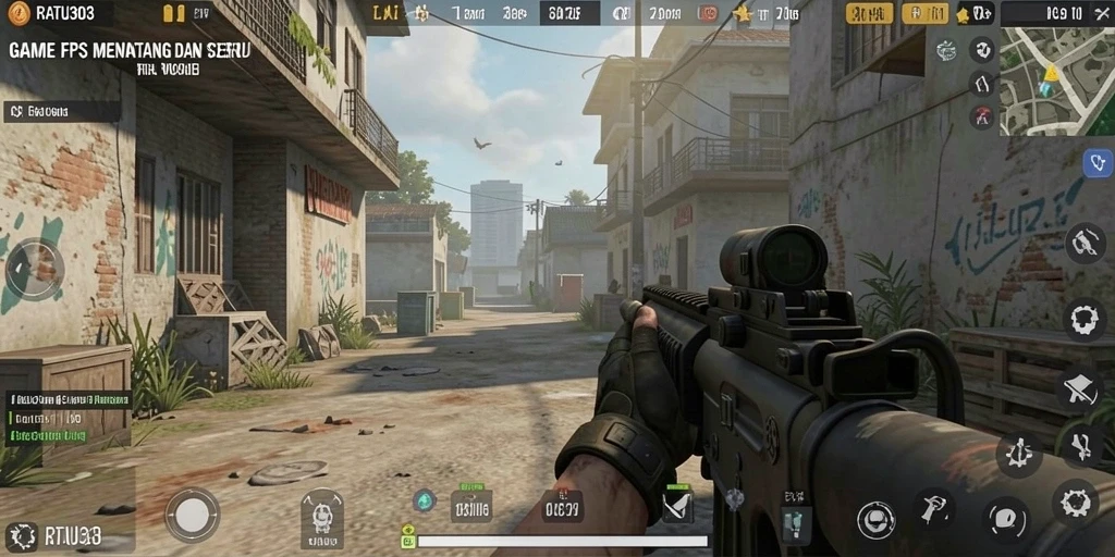 Screenshot menunjukkan aksi seru dalam gameplay FPS RATU303.